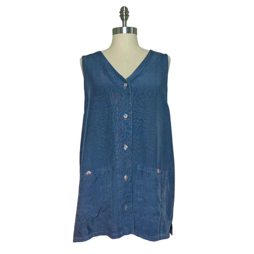 Bryn Walker Linen Tunic Vest Top Blue Lagenlook Granola Oversized Bohemian Large
